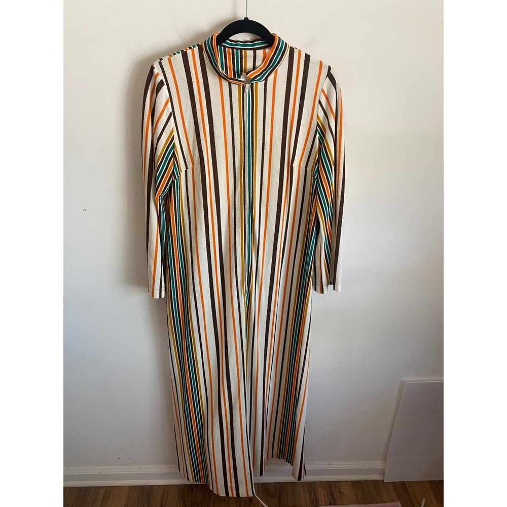 Vintage 70s Arnel Triacetate Striped Zip Front Maxi Robe House Dress Womens Med